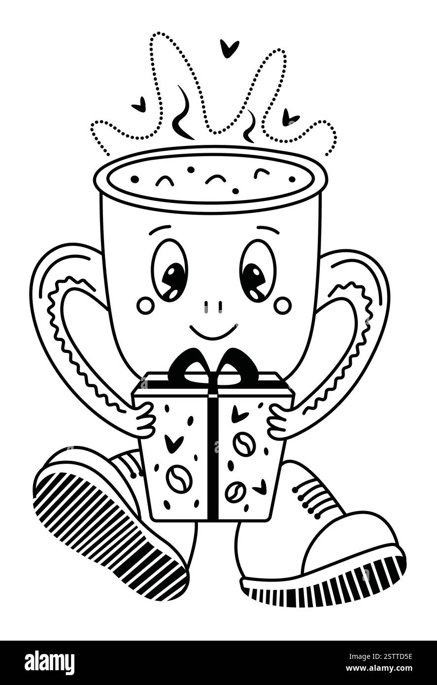 Tazza di caffè con un regalo, scarabocchio vettoriale con linea nera, cartoni animati eccentrici monocromatici alla moda di un piccolo uomo con scarpe grandi, tratto i modificabile Illustrazione Vettoriale
