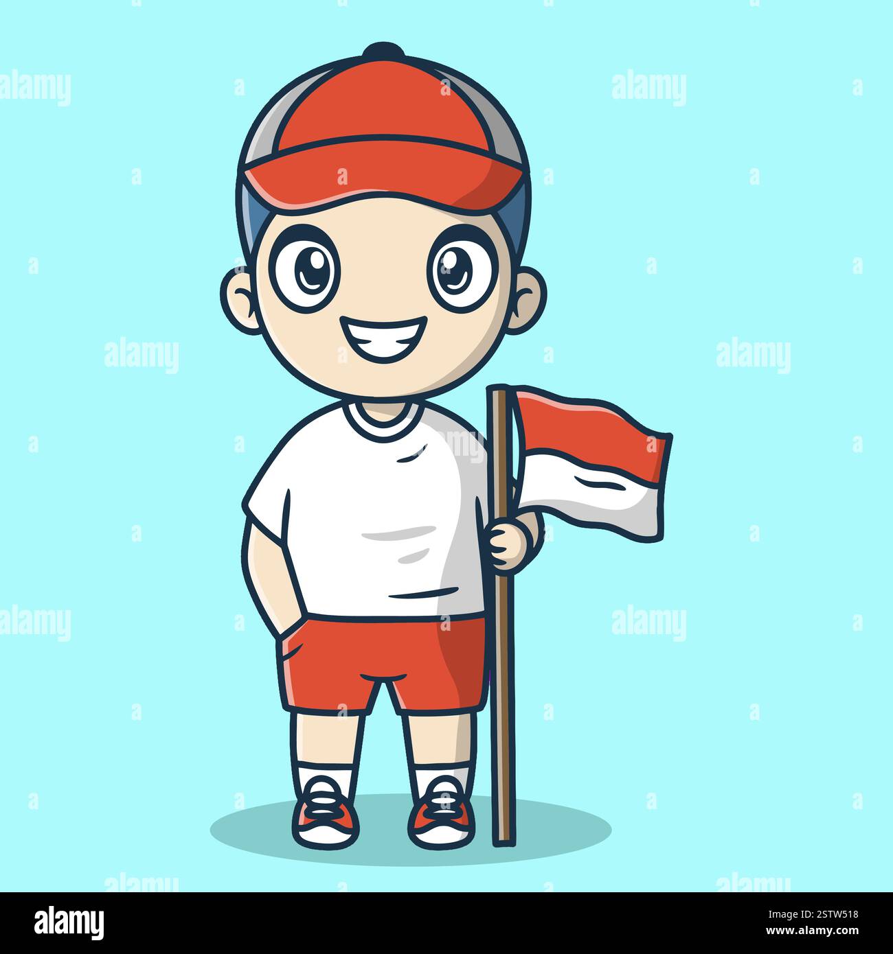 Un simpatico personaggio mascotte con una bandiera indonesiana Illustrazione Vettoriale