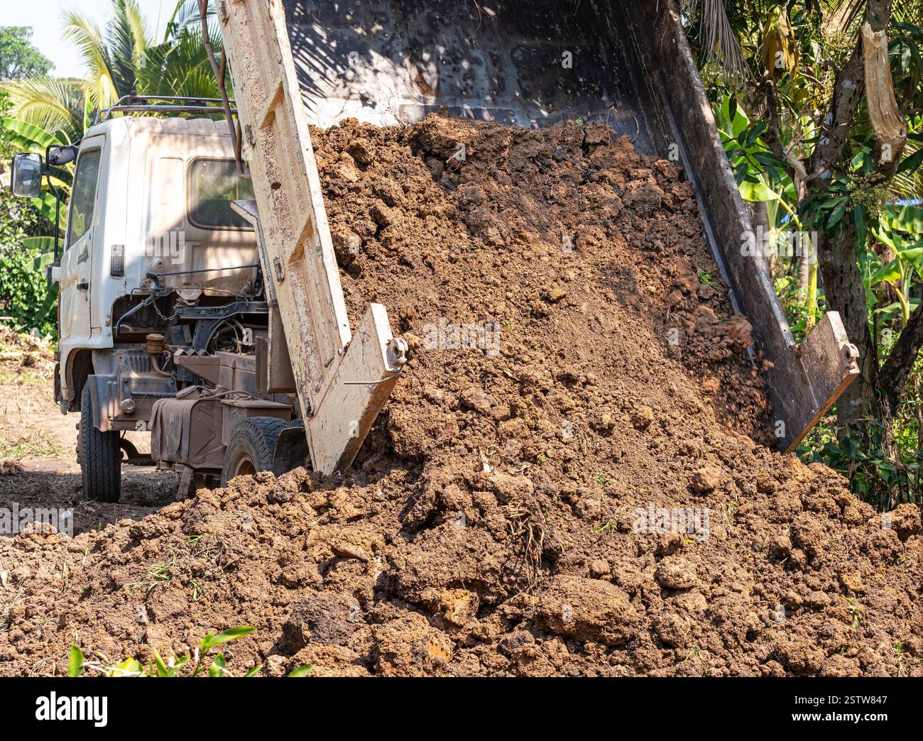 Un dumper di colore bianco versa sporcizia per riempire un laghetto. Foto Stock