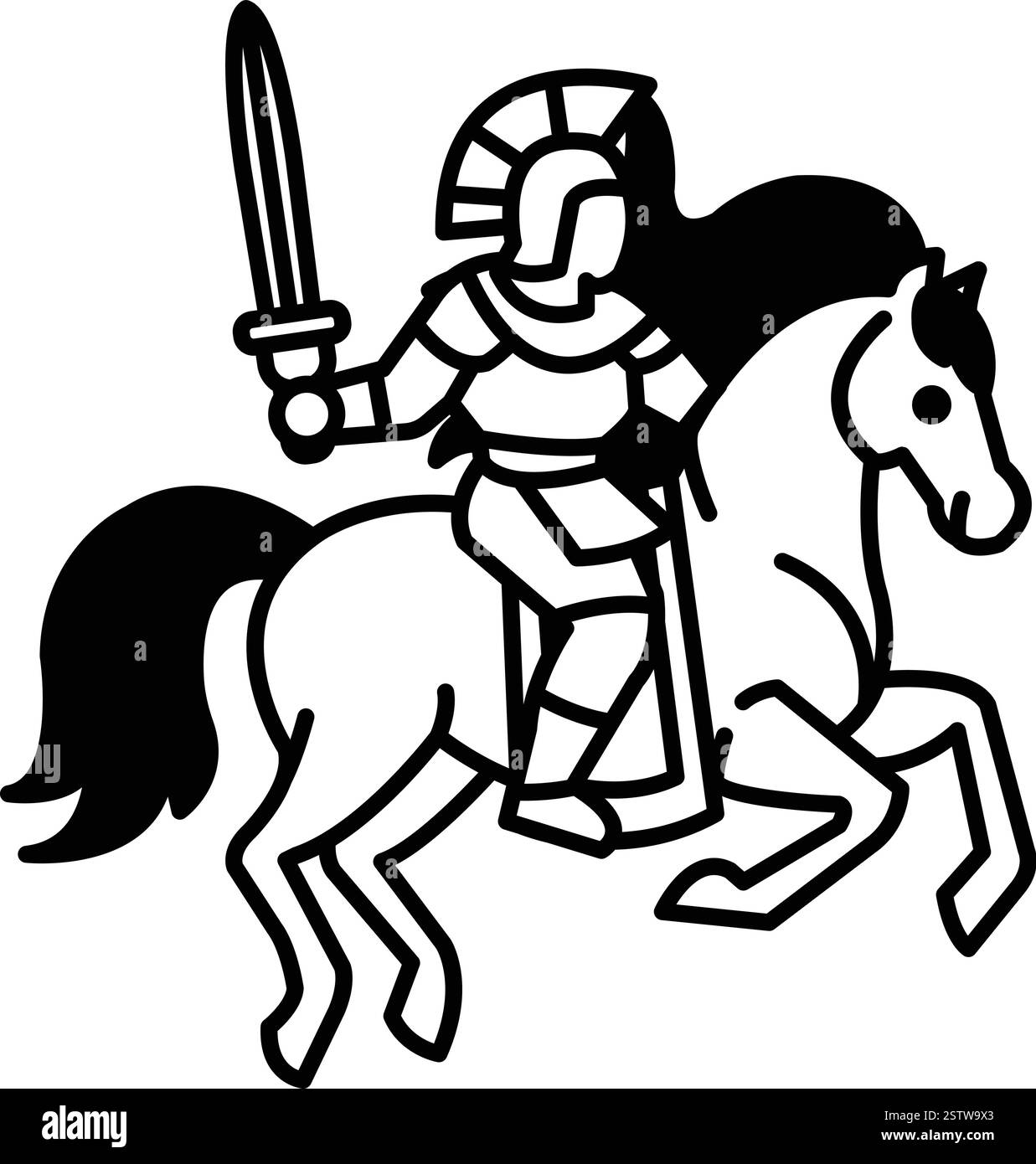 Un uomo con una tuta che cavalca un cavallo con una spada in mano Illustrazione Vettoriale
