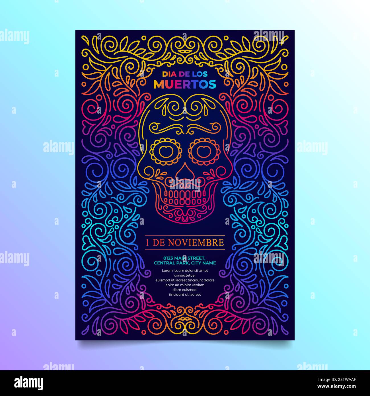 Day of the Dead Flyer, dia De Los Muertos Sugar Skull con cornice messicana Illustrazione Vettoriale
