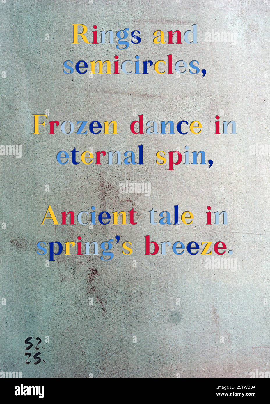Anelli e semicircoli, danza congelata in un'eterna avventura, storia antica nella brezza primaverile. Charles Van Der Meer's Silver Writers' Guild. Arte di Zsuzsa Szikra. Poetry Art Print, Triplumes è una forma poetica unica ispirata al tradizionale haiku, composta da tre righe che catturano momenti di chiarezza, emozione e approfondimento. Nella nostra collezione abbracciamo la libertà del linguaggio, dove la fusione delle parole e la rimozione dei trattini è più di una scelta stilistica: È un modo per trasmettere unità e vicinanza tra le idee, creando un'espressione fluida e compatta che risuona con i ritmi della modernità Foto Stock