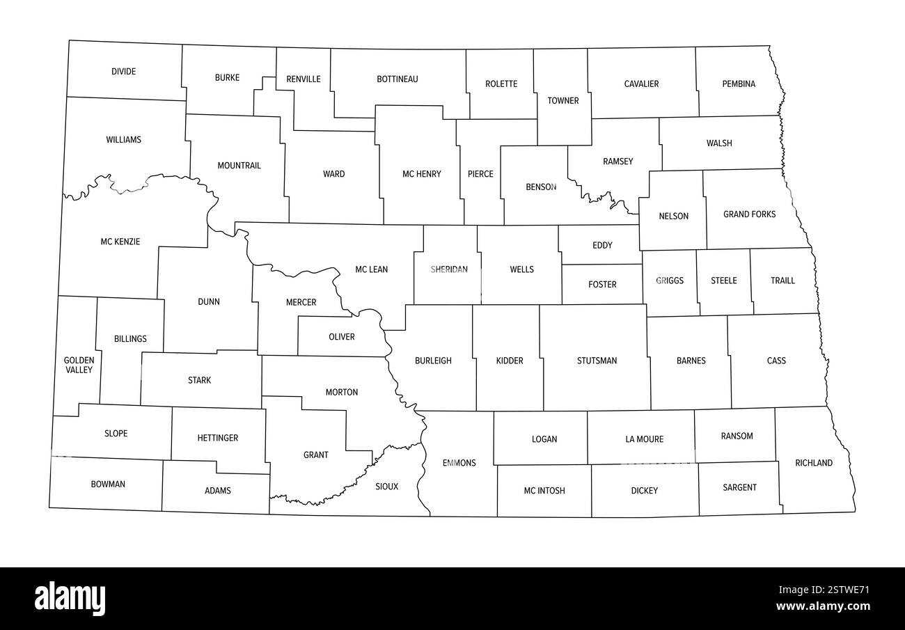 Stato del Dakota del Nord suddiviso in 53 contee, schema. Stato nella regione dell'Upper Midwest degli Stati Uniti, soprannominato Peace Garden State. Foto Stock