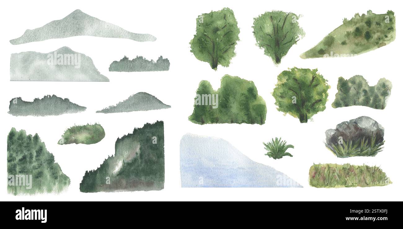 Alberi verdi, lago, campo erboso e montagne acquerelli disegnati a mano. Vari frammenti di paesaggio estivo isolati. Dipinto per paesaggi naturali Foto Stock