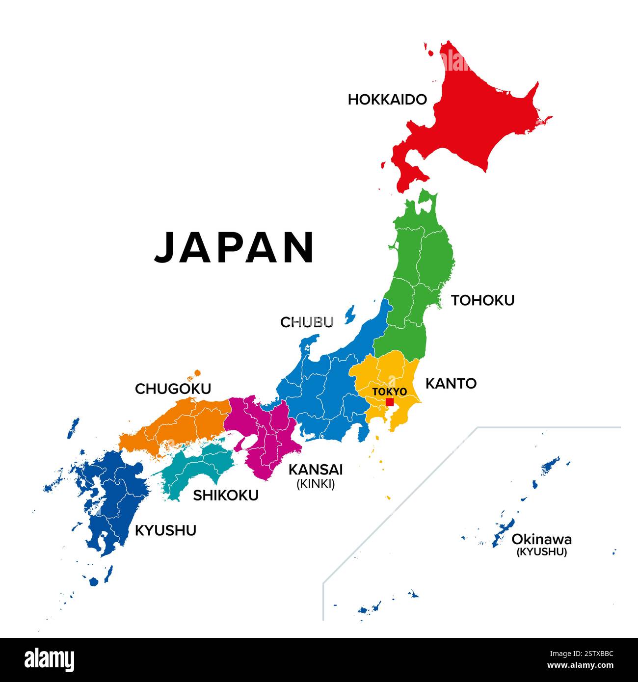 Regioni del Giappone, paese insulare in Asia orientale, mappa politica colorata. Unità tradizionali utilizzate per le statistiche. Foto Stock