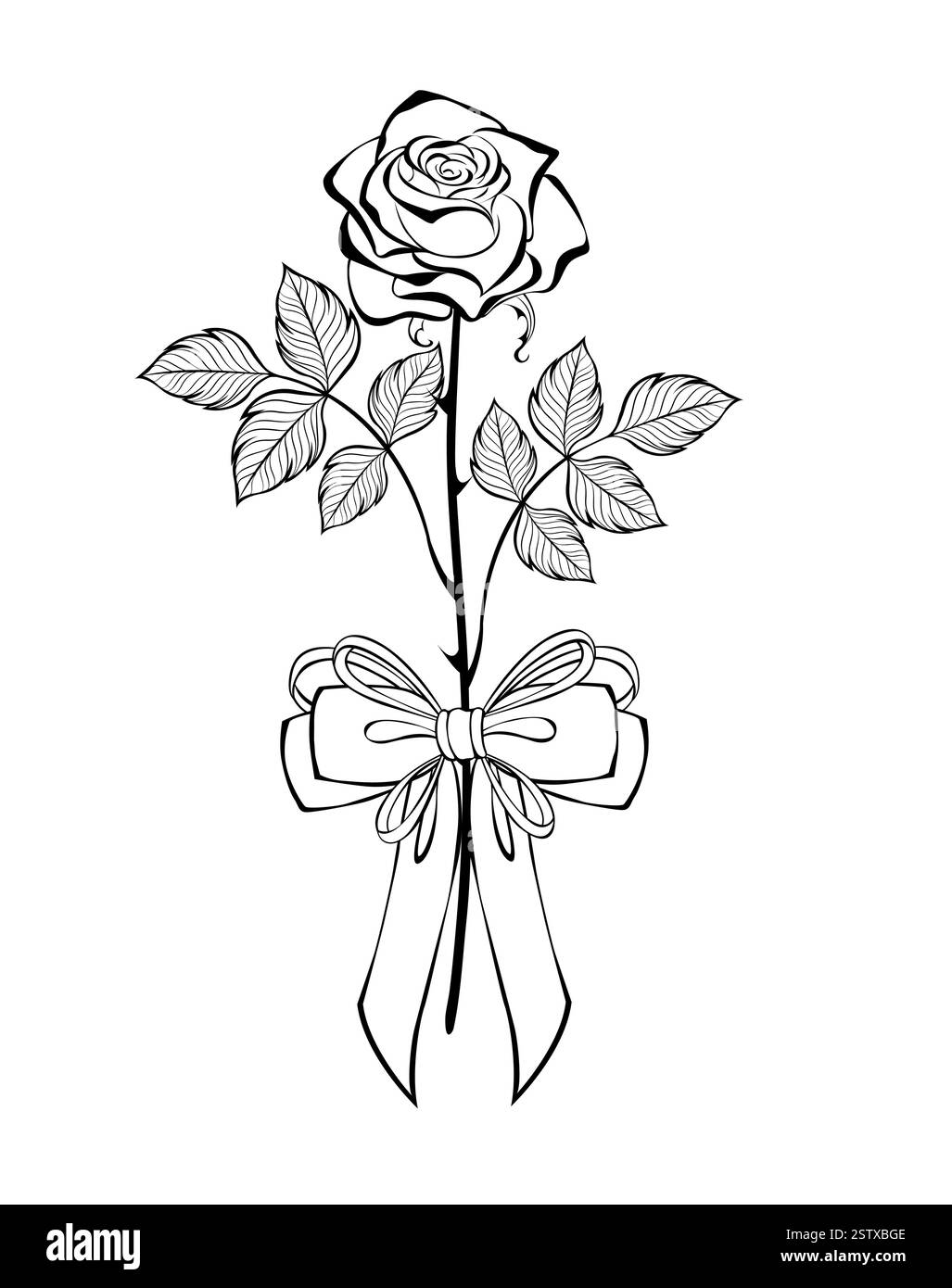 Profilo disegnato artisticamente, rosa fiorita con sottili foglie a motivi geometrici e elegante fiocco legato su sfondo bianco. Disegno del profilo della rosa. Illustrazione Vettoriale
