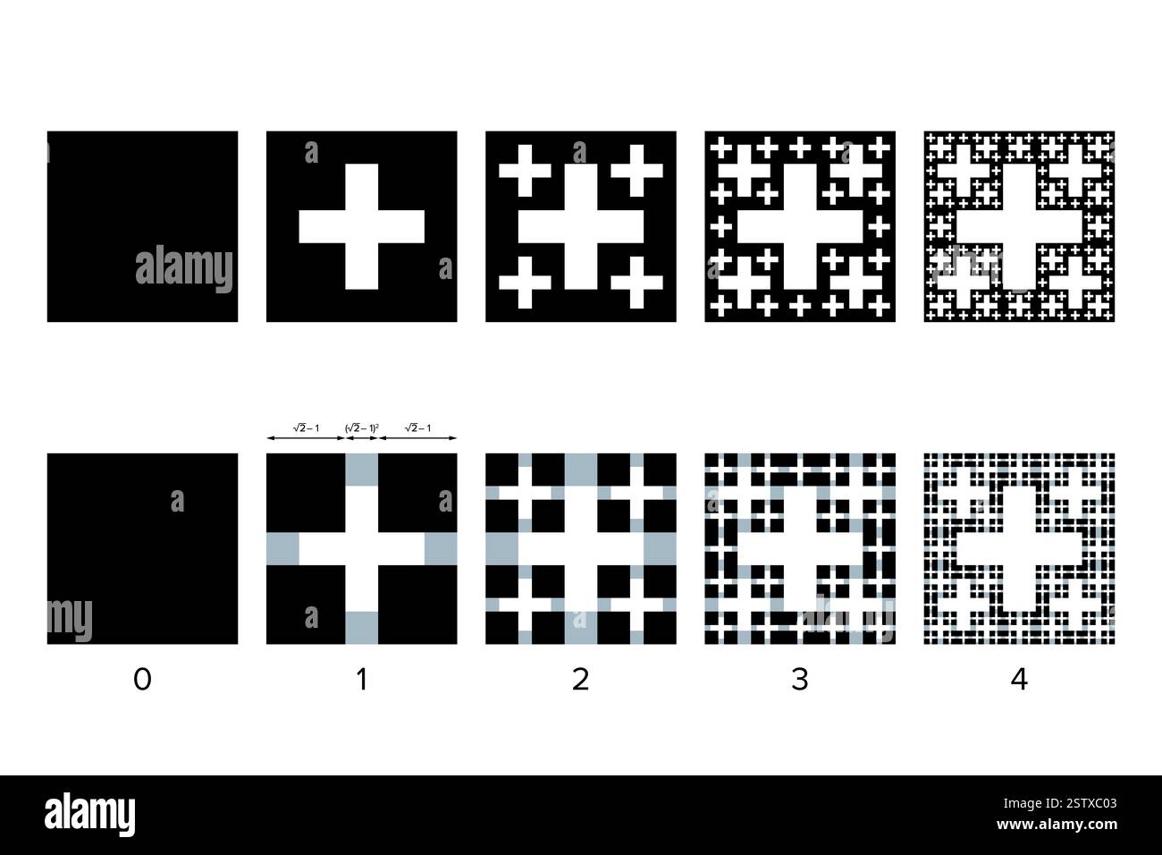 Costruzione di un frattale della Croce di Gerusalemme, noto anche come Cross Menger, che è simile a un tappeto Sierpinski. Quattro iterazioni. Foto Stock Costruzione di un frattale della Croce di Gerusalemme, noto anche come Cross Menger, che è simile a un tappeto Sierpinski. Quattro iterazioni. Foto Stock