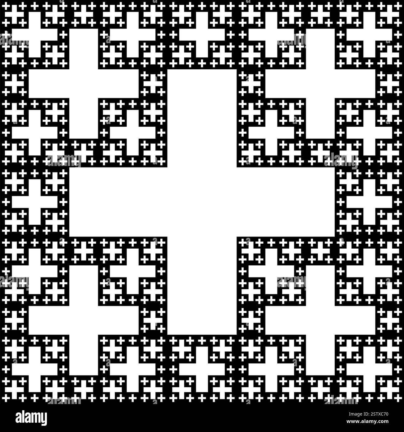 Il frattale della Croce di Gerusalemme, noto anche come Cross Menger, che è simile a un tappeto Sierpinski. Quinta iterazione. Foto Stock Il frattale della Croce di Gerusalemme, noto anche come Cross Menger, che è simile a un tappeto Sierpinski. Quinta iterazione. Foto Stock