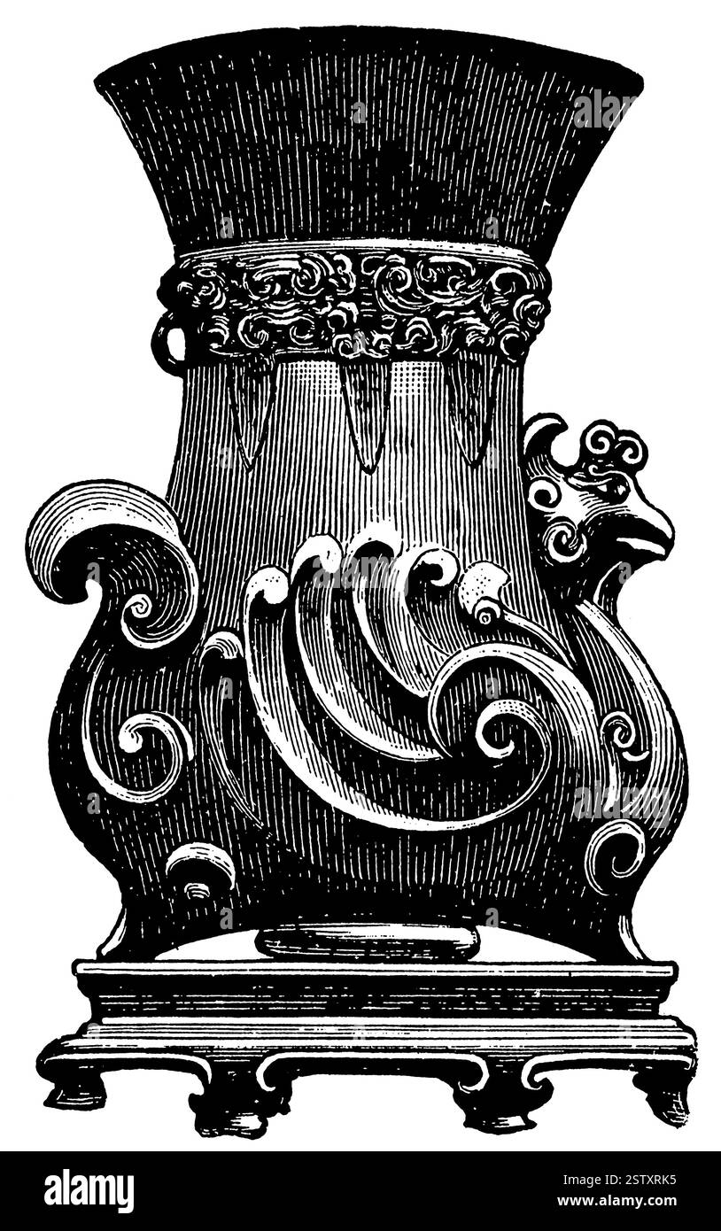 Antica arte di bronzo Vaso cinese. Pubblicazione del libro Meyers Konversations-Lexikon Foto Stock
