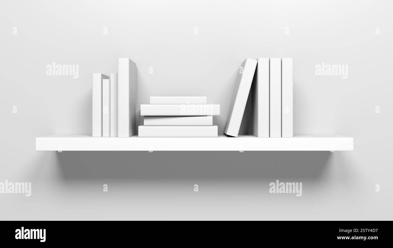 Scaffale a parete con libri bianchi. Mockup. illustrazione 3d. Foto Stock
