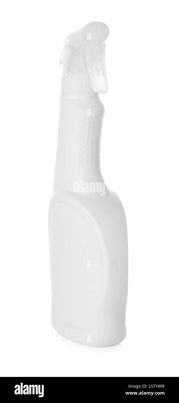 Spruzzare una bottiglia di prodotto detergente isolato su bianco Foto Stock