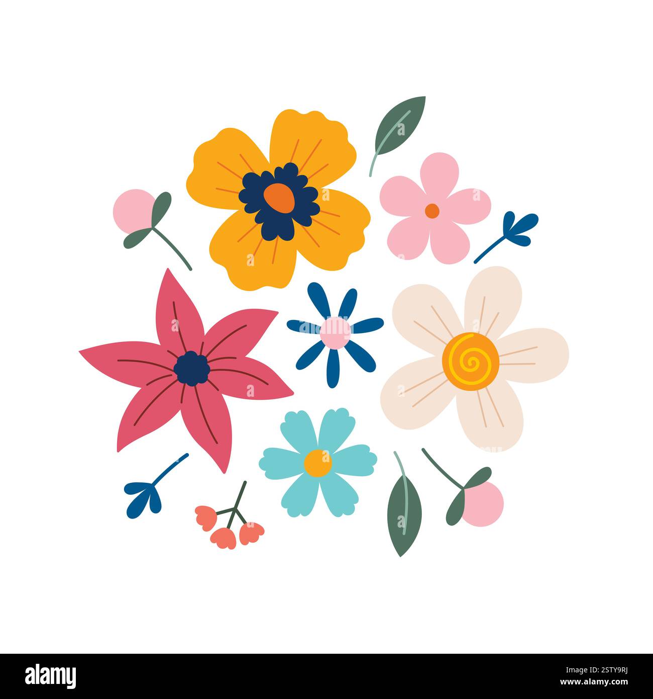 Bouquet di fiori. Fiori diversi isolati sul bianco. Illustrazione vettoriale. Fiori ed erbe estive e primaverili. Illustrazione Vettoriale