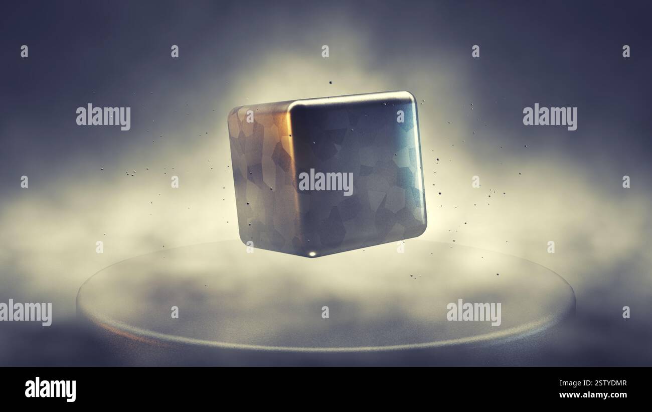 Superconduttore che dimostra la levitazione magnetica, noto anche come effetto Meissner. Cubo di metallo delle terre rare che galleggia sopra la base raffreddata ad azoto Foto Stock
