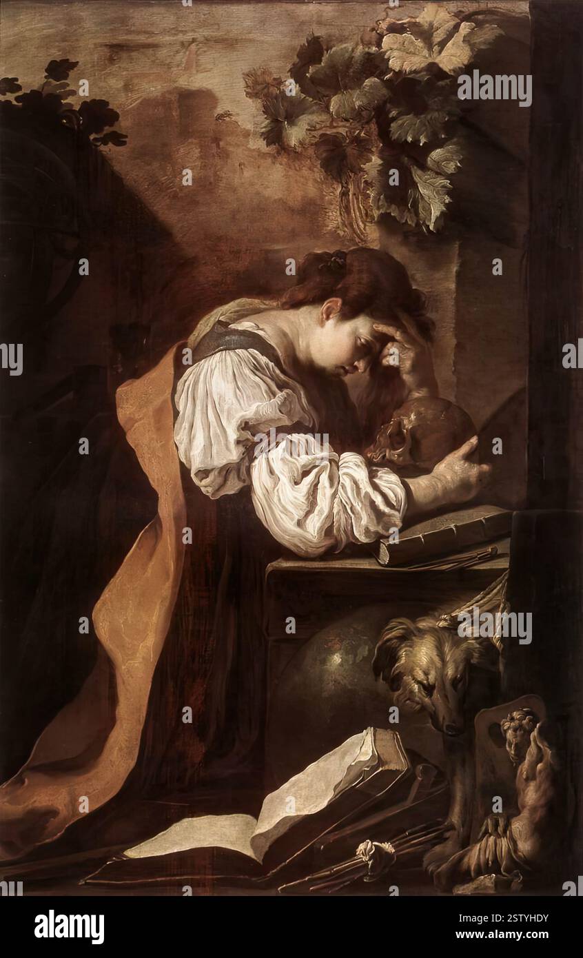FETI, Domenico (B. CA. 1589, Roma, d. 1623, Venezia) Melancholy c. 1622 olio su tela, 179 x 140 cm gallerie dell'Accademia, Venezia questa complessa allegoria basata sulla figura di una ragazza che meditava su un teschio è stata ispirata da una stampa di Dürer. Feti, tuttavia, rielaborò completamente il soggetto in modo barocco. Gli oggetti, il cane e il fogliame che vediamo tutti sembrano aggiungere una carnosa pienezza all'immagine. Nel farlo, Feti ricordava senza dubbio gli esempi dell'arte veneziana del XVI secolo. Questo dipinto divenne il simbolo dell'arte di Domenico Feti. È noto da vari tipi di auto Foto Stock