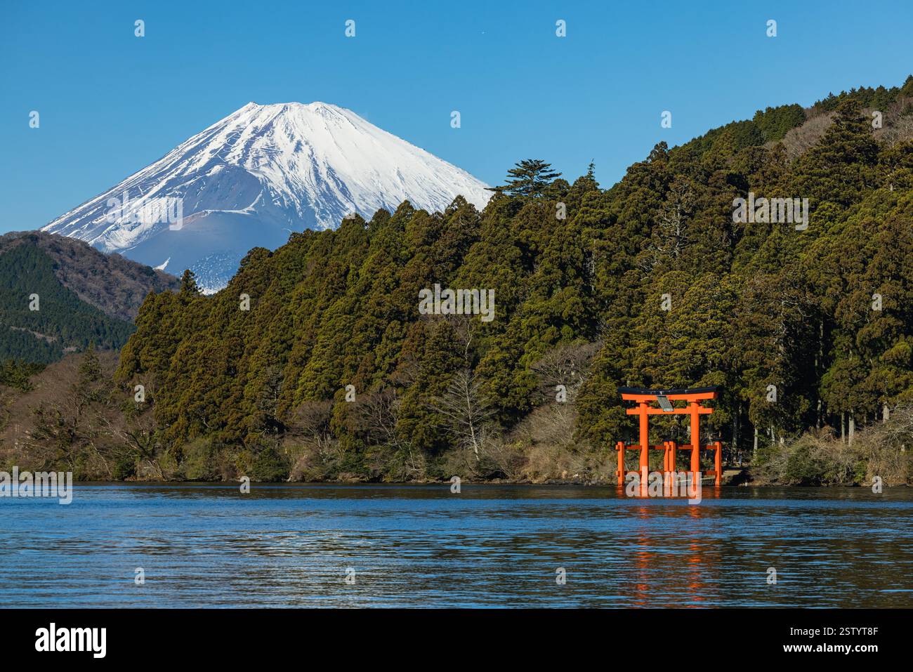 Il tranquillo torii del Santuario di Hakone, il Monte Fuji e il lago Ashinoko possono essere visti dall'ex porto di Hakone a Hakone-cho, Ashigara-shimo-gun, Kanagawa Pr Foto Stock