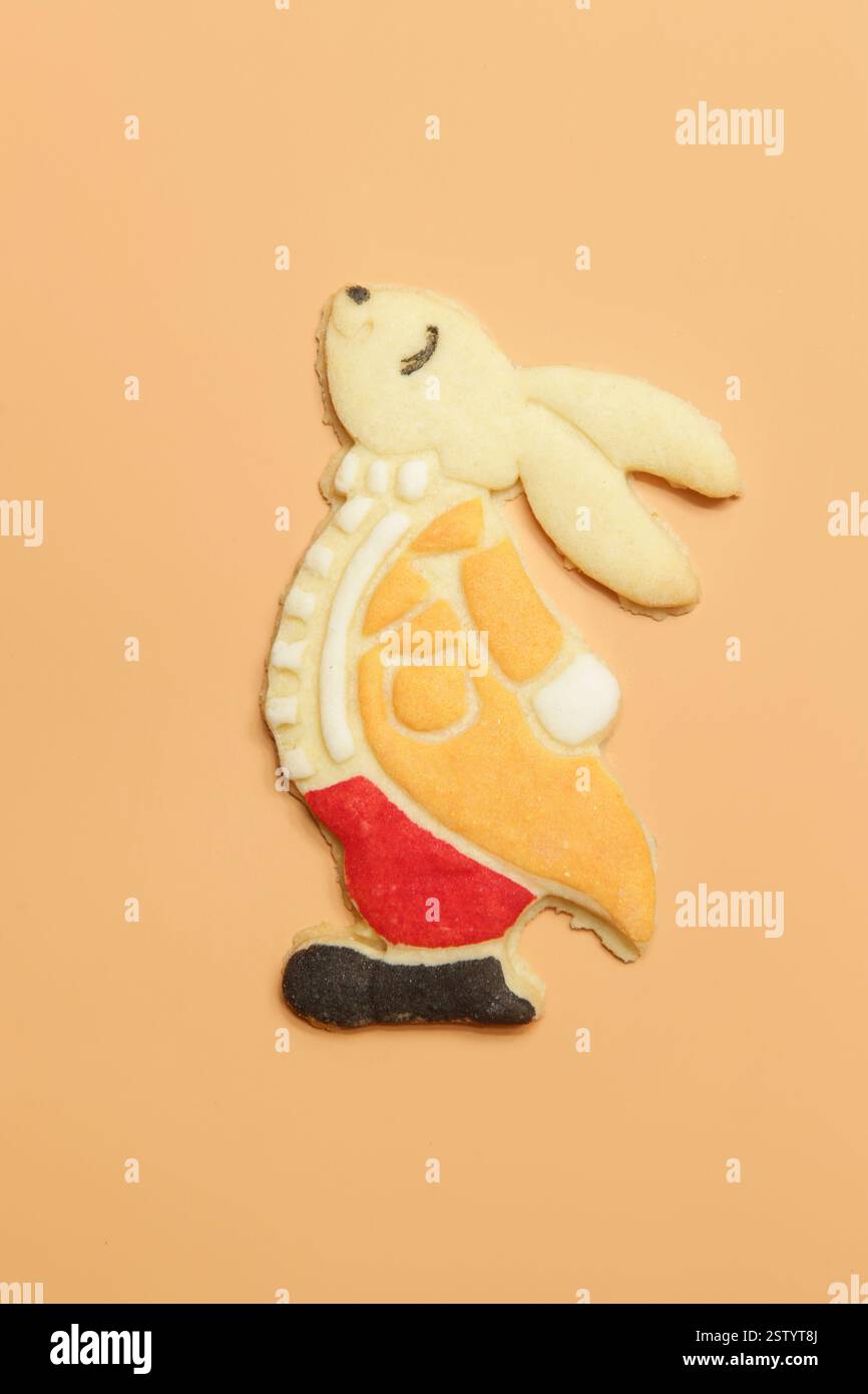 Dolce e burroso biscotto di zucchero pasquale fatto a mano, graziosi e sottili biscotti fatti in casa a forma di coniglietto pasquale Foto Stock