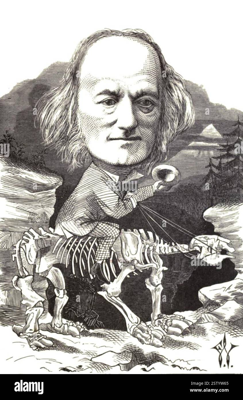 Caricatura di Richard Owen (biologo inglese, anatomista comparato e paleontologo) - cavalcare il suo Hobby (Megatherium) - 1873 - Frederick Waddy Foto Stock