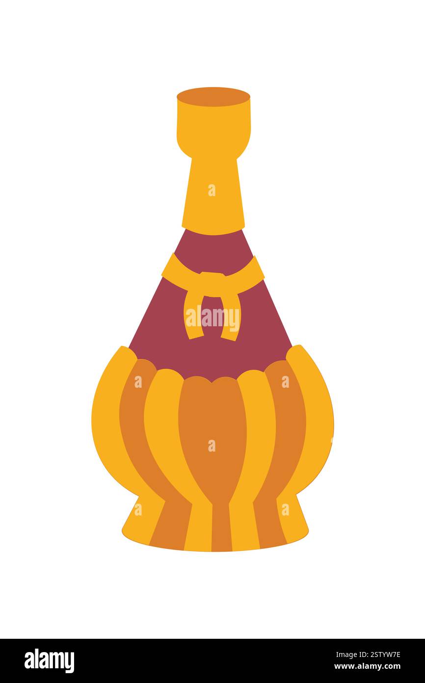 Vino Chianti in bottiglia tradizionale. Bevande e cibo. Vinificazione italiana. Simboli e illustrazione vettoriale isolata su sfondo bianco. Illustrazione Vettoriale