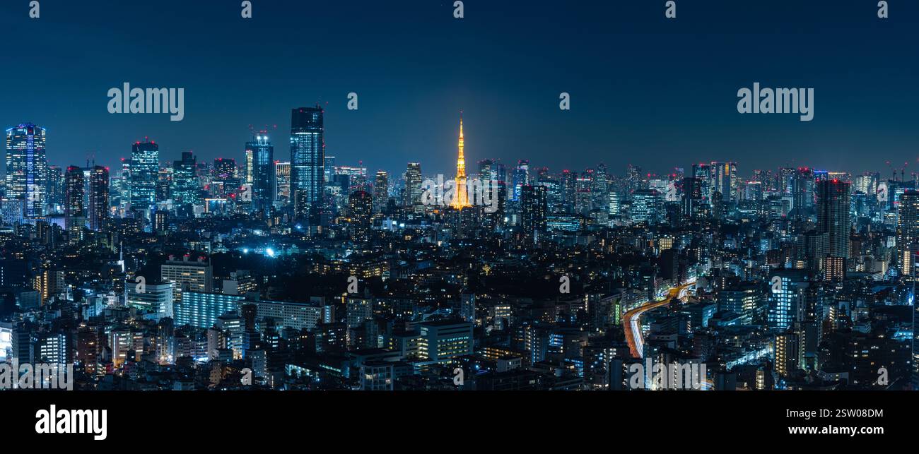 Vista notturna di Tokyo e della Tokyo Tower dallo Sky lounge della Ebisu Garden Place Tower a Shibuya-ku, Tokyo, Giappone Foto Stock