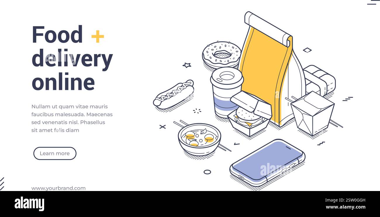 Consegna di cibo online moderno modello di banner Web isometrico line art. Raccolta di articoli per fast food, tra cui un sacchetto da asporto, bevande, spuntini e un sma Illustrazione Vettoriale