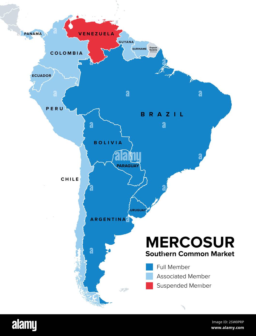 stati membri del Mercosur, mappa politica. Southern Common Market, anche Mercosul, un blocco commerciale sudamericano. Foto Stock