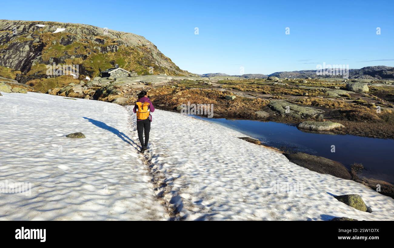 Escursionista solitario che esplora il terreno innevato nel Rugged Wilderness norvegese Foto Stock