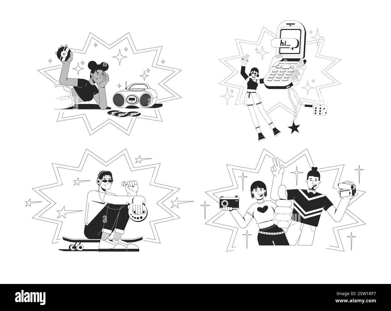 La cultura pop retrò degli anni '2000 e le tendenze in 2D in bianco e nero Illustrazione Vettoriale