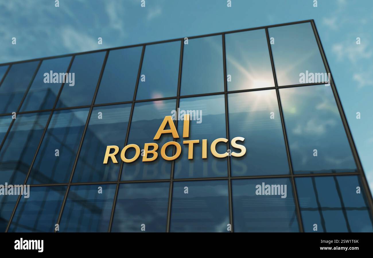 Concetto di costruzione di vetro robotica AI. Simbolo della macchina dell'intelligenza artificiale sulla facciata anteriore illustrazione 3D. Foto Stock
