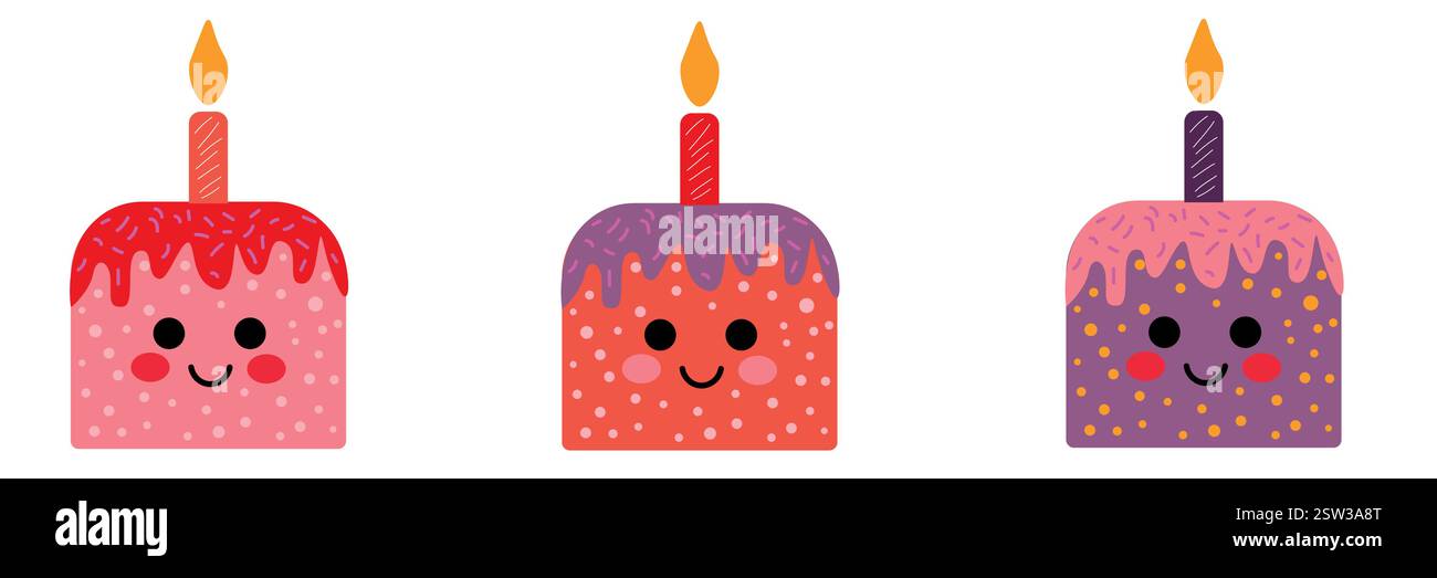 Torta di compleanno colorata con candele e volti sorridenti Illustrazione Vettoriale