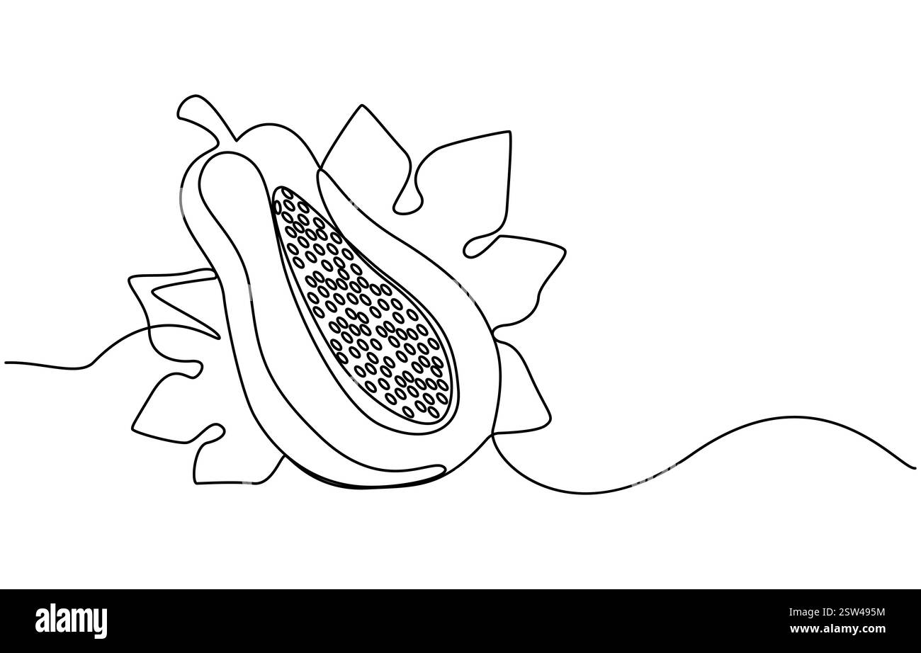 Disegno continuo di una sola linea di papaya fresca esotica frutta tropicale, disegno continuo di una linea di papaya sana e organica a fette Illustrazione Vettoriale