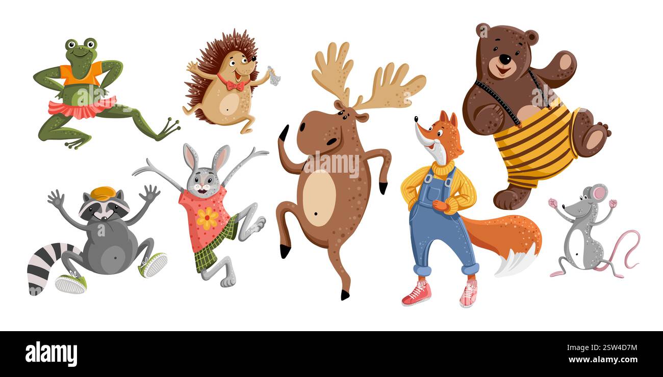 Set di simpatici animali danzanti in stile cartoni animati. Illustrazione vettoriale Illustrazione Vettoriale