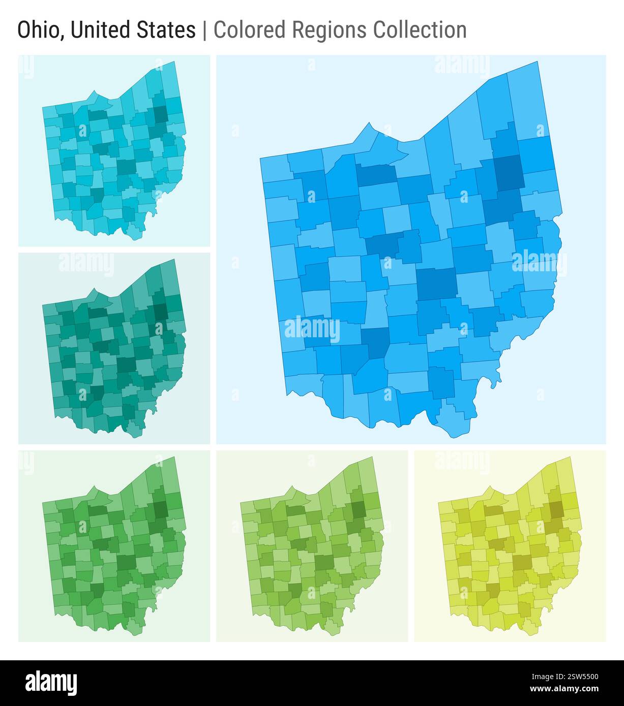 Ohio, Stati Uniti. Raccolta mappe. Stato forma. Contee colorate. Azzurro, ciano, verde, verde chiaro, tavolozze di colori lime. Illustrazione Vettoriale