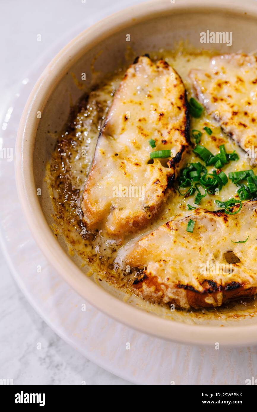 Zuppa di cipolle francesi fatta in casa con formaggio fuso Foto Stock