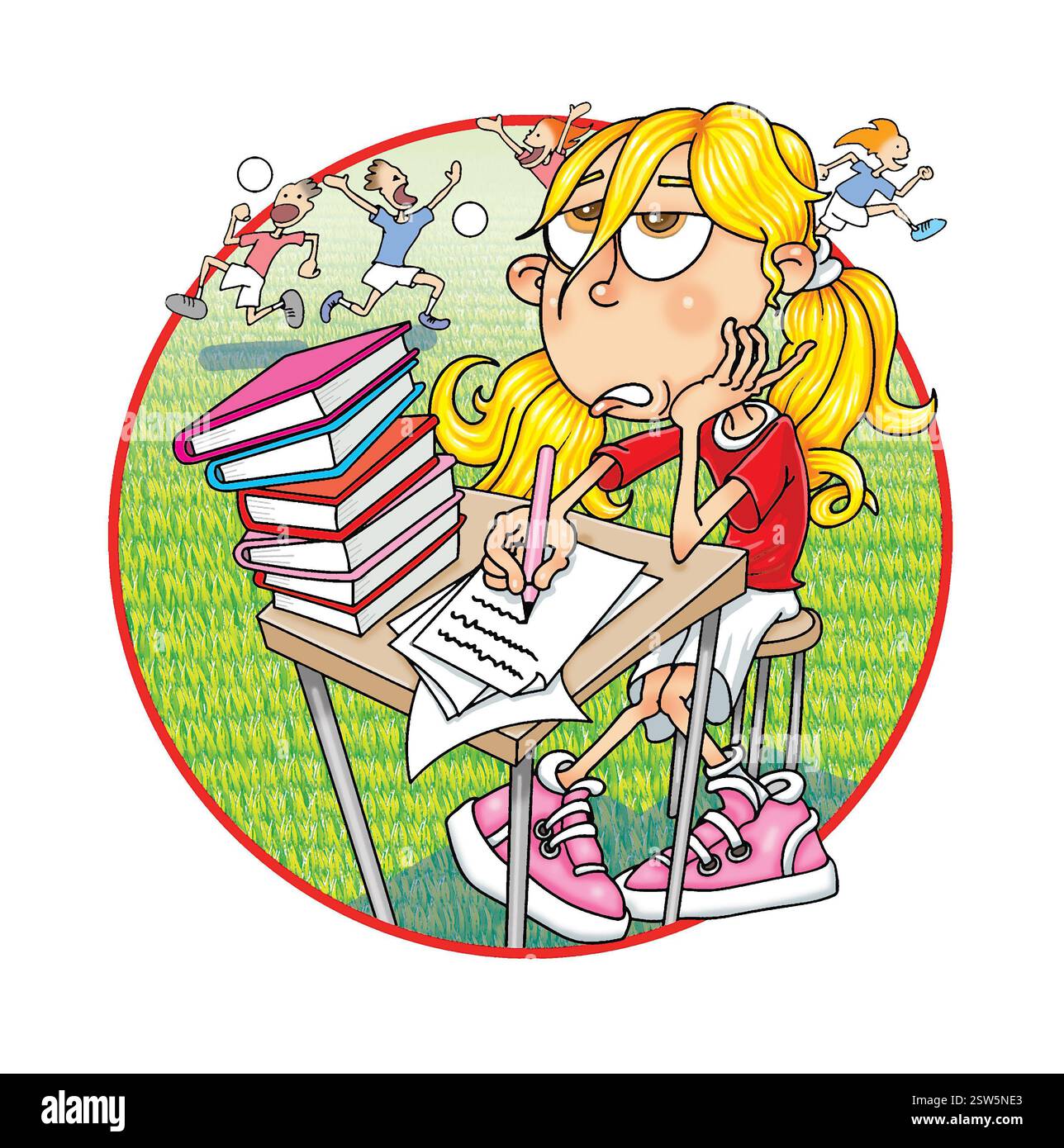 La concept art dell'illustrazione annoiava una ragazza che faticava a concentrarsi sulla revisione dell'esame sui compiti scolastici che studiavano desiderando essere all'aperto a praticare sport di calcio Foto Stock