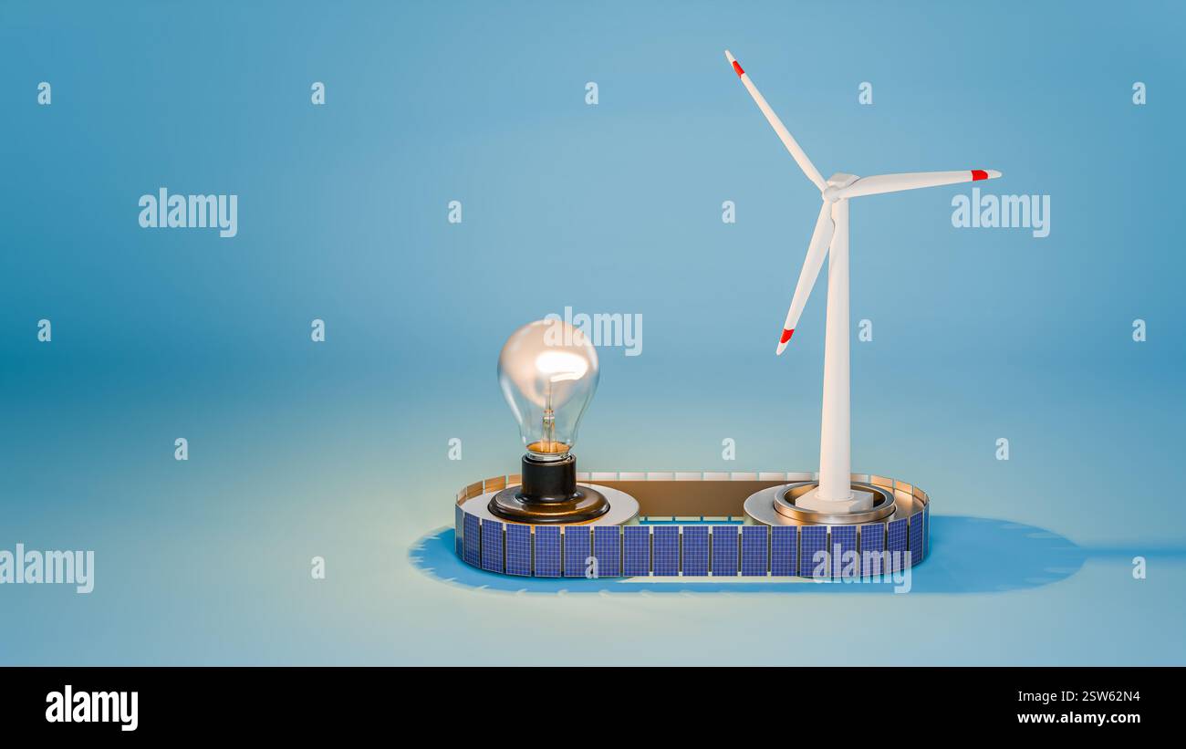 Concetto di energia rinnovabile: Un mulino a vento e pannelli solari collegati a un nastro trasportatore alimentano una lampadina brillante. Foto Stock