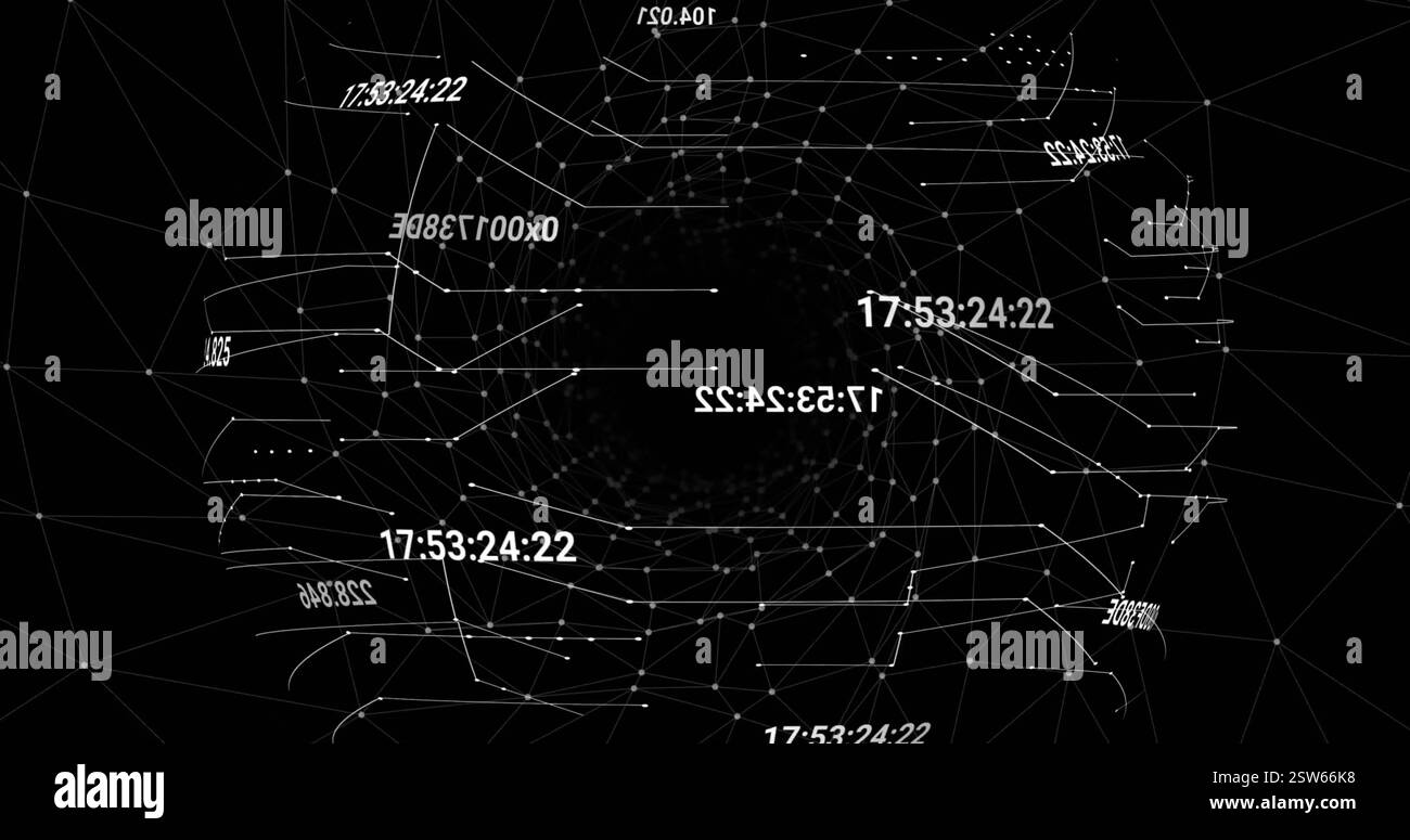 Immagine dell'elaborazione dei dati e del globo su sfondo nero Foto Stock