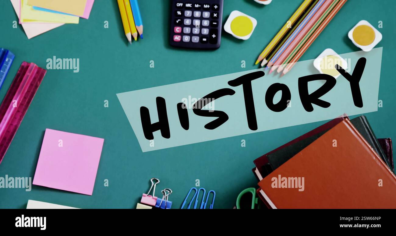 Immagine del testo della storia sulle forniture scolastiche su sfondo verde Foto Stock