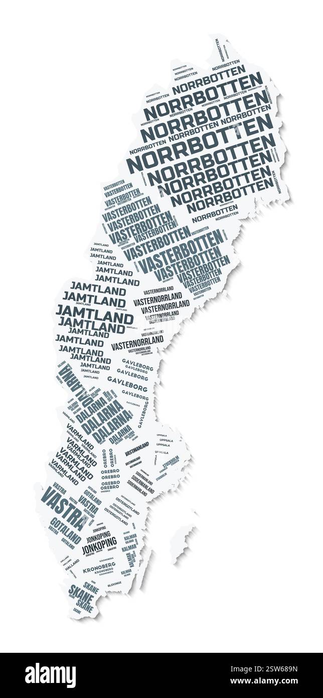 Nuvola di testo forma Svezia. Confine del paese con ombra su sfondo bianco. Svezia con divisione regionale in stile vintage gazette. Illustrazione Vettoriale