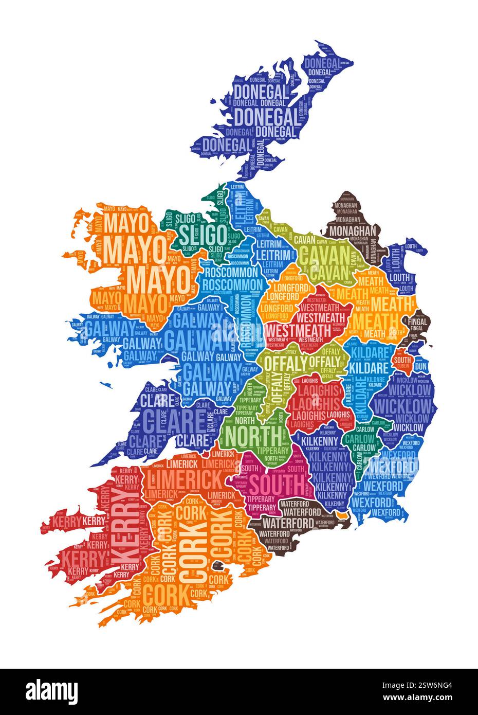 Forma irlandese. Cloud di parole del paese con divisione regionale. Illustrazione a colori per l'Irlanda. Fumetto nomi area. Illustrazione vettoriale. Illustrazione Vettoriale