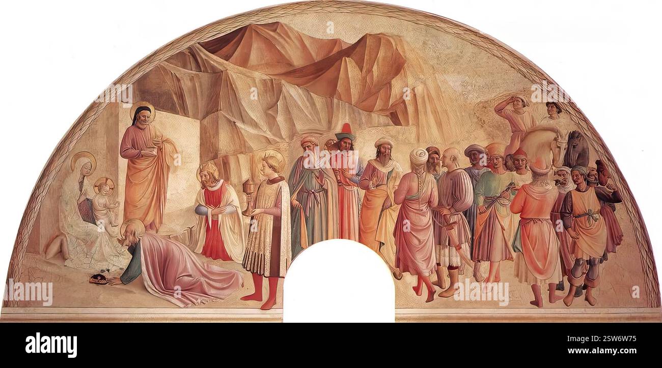 GOZZOLI, Benozzo (nato ca. 1420, Firenze, d. 1497, Pistoia) Adorazione dei Magi 1440-41 affresco Convento di San Marco, Firenze questo è l'affresco sulla parete della cella 8 del Convento di San Marco a Firenze. Il giovane Benozzo Gozzoli fu apprendista nella bottega di Giovanni da Fiesole, conosciuto come fra Angelico. Collaborò alla decorazione pittorica del convento domenicano di San Marco a Firenze. La completa integrazione dello stile artistico giovanile di Benozzo con quello di fra Angelico, un affermato maestro di oltre quarant'anni, lo ha fatto sì che lo sia solo in tempi recenti Foto Stock