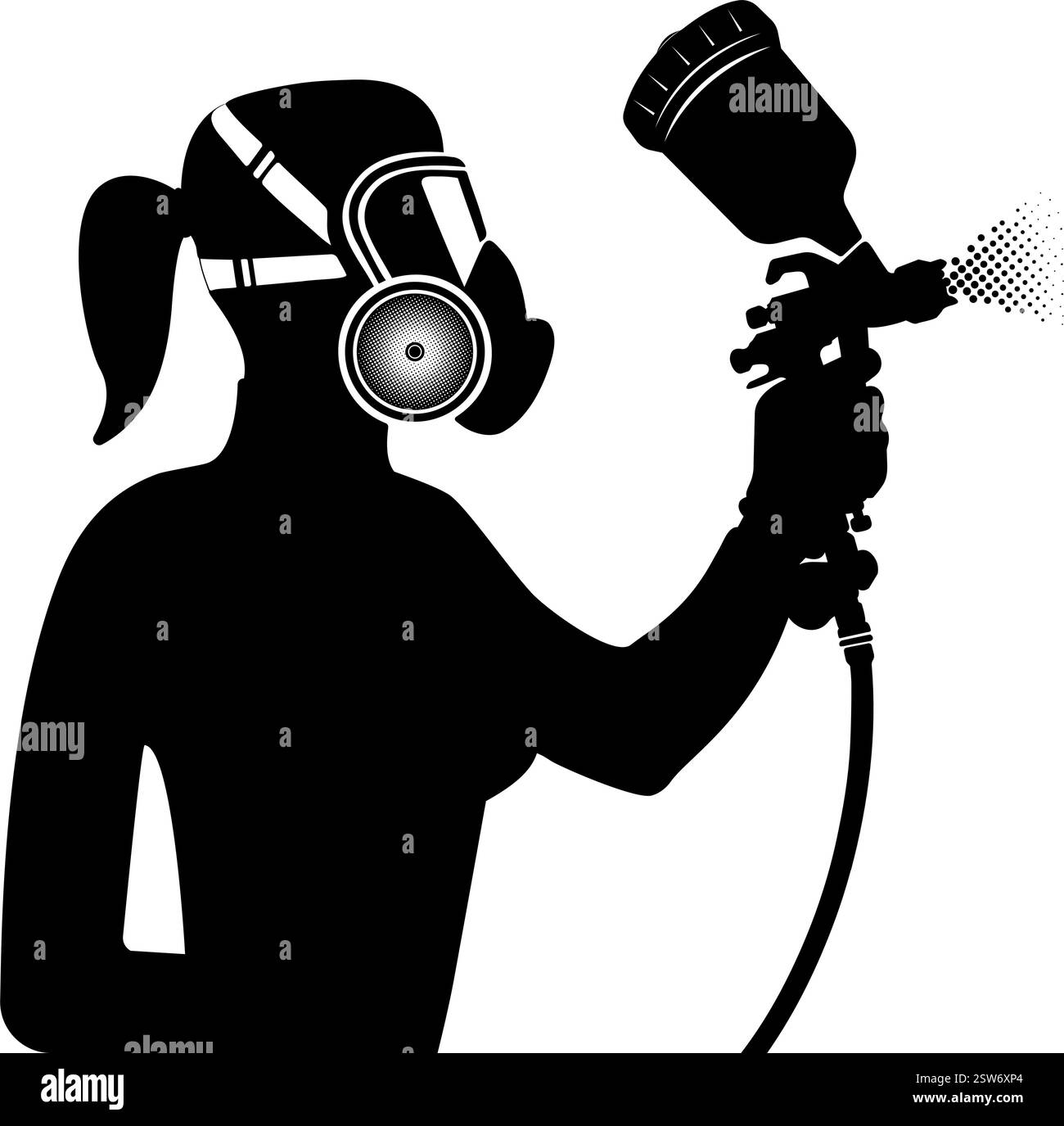 Silhouette di una donna pittrice con pistola a spruzzo e indumenti protettivi. illustrazione vettoriale Illustrazione Vettoriale