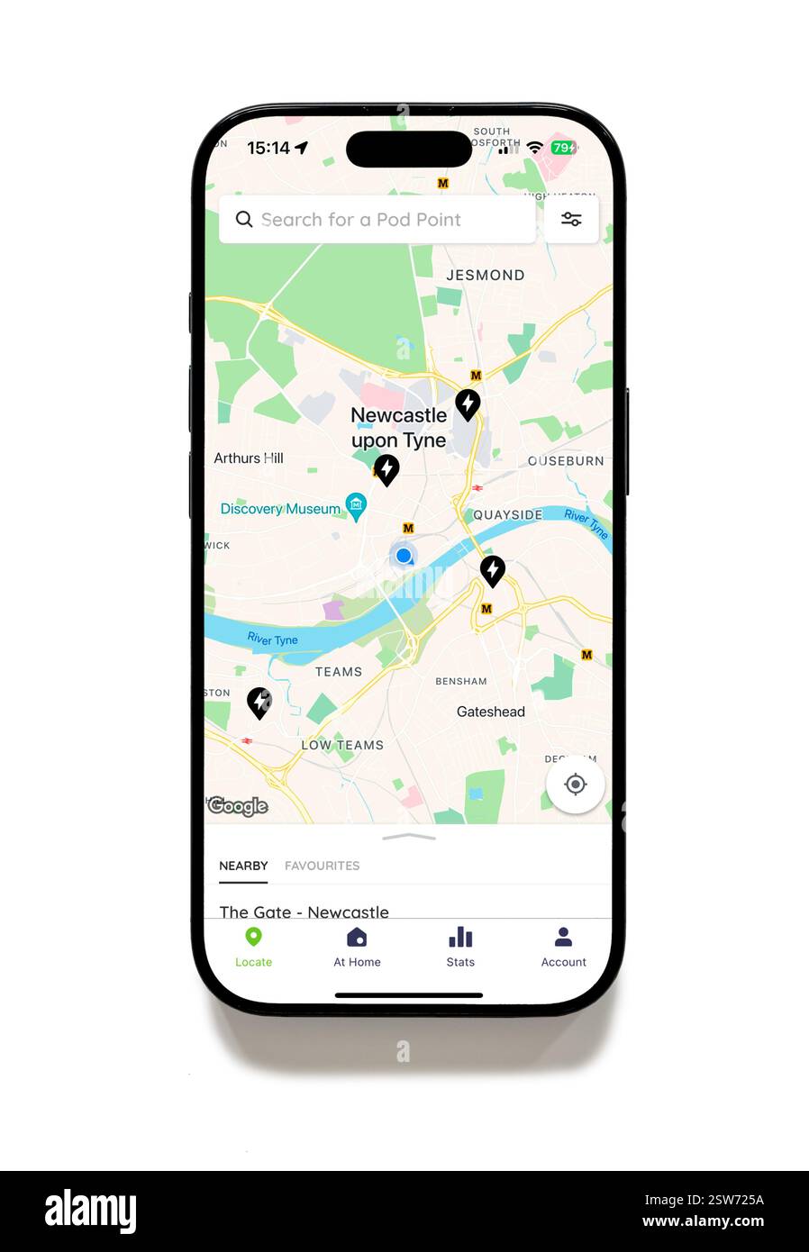 Il sistema di ricerca del caricabatterie Podpoint EV su un iPhone 16 Plus Foto Stock