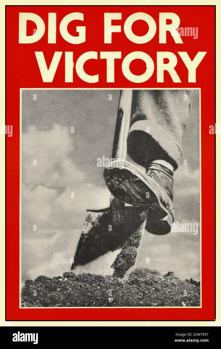 Dig for Victory" poster Iconic Vintage British World War II Propaganda poster Food Campaign 1940/1 produzione alimentare della seconda guerra mondiale Gran Bretagna Regno Unito con scarponcino ad angolo basso e dinamico che spinge la pala nella terra fertile con il cielo illuminato dal sole dietro il Regno Unito PER LA VITTORIA WW2 poster Foto Stock