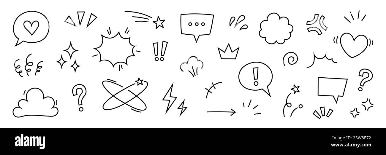 Set di icone di elementi cartoni animati fumettistici. Fumetto simpatico, enfasi, scintilla stellare, icona vettoriale cartoni animati con movimento lineare. Delineare il movimento della velocità di doodle, una scintilla divertente. Illustrazione vettoriale Illustrazione Vettoriale