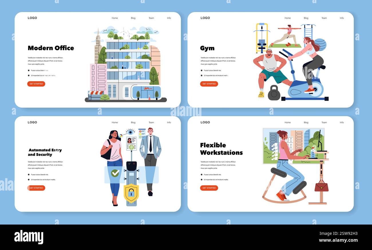 Design moderno dell'ufficio che integra un'architettura verde e spazi di lavoro flessibili per migliorare la produttività. Offre aree di co-working, tecnologia avanzata e ambienti vivaci che promuovono la collaborazione. Illustrazione vettoriale. Illustrazione Vettoriale