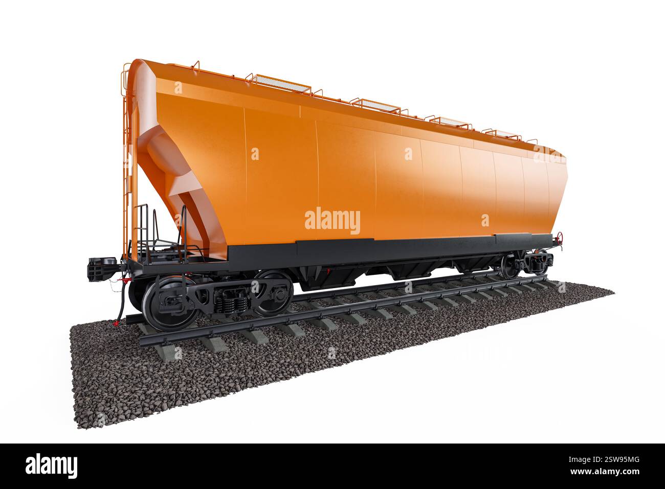 Treno di carri arancione su sfondo bianco. Carri specializzati per il trasporto di materiali sfusi quali cereali, cemento o altri beni industriali. Foto Stock