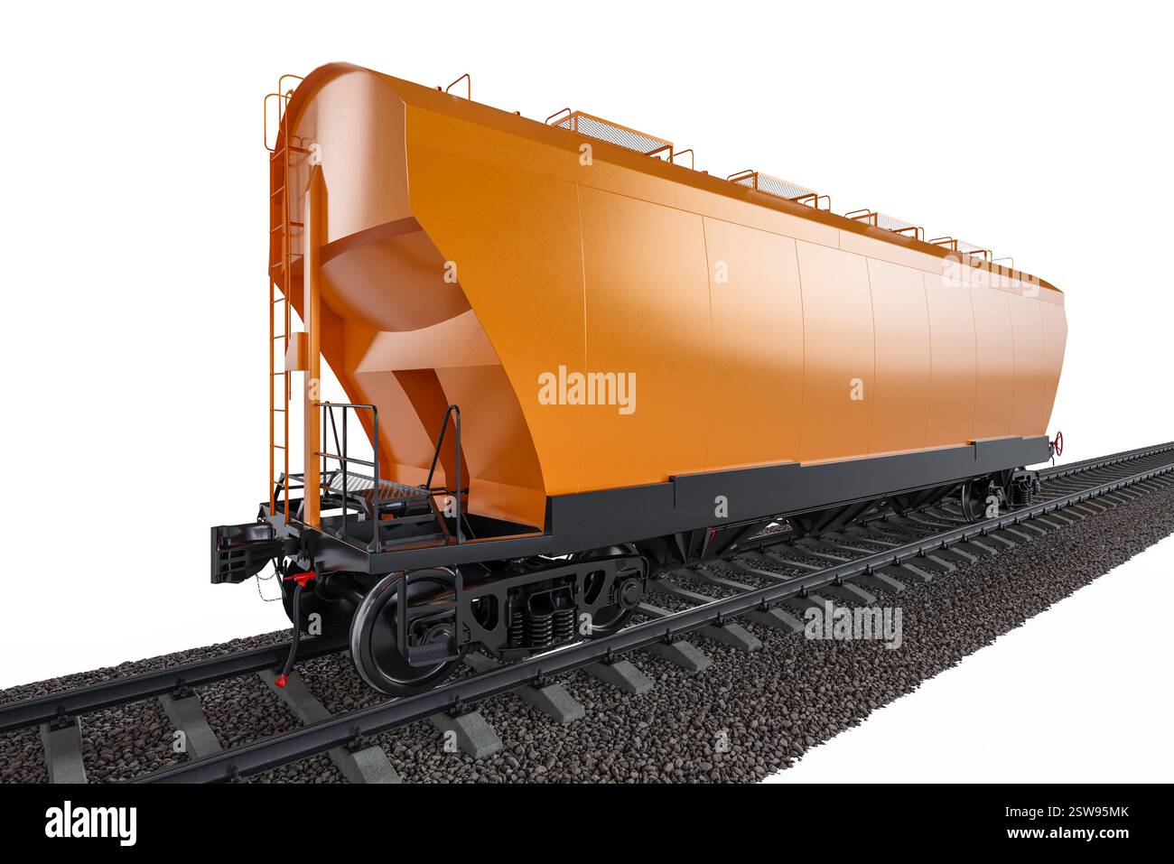 Treno di carri arancione su sfondo bianco. Carri specializzati per il trasporto di materiali sfusi quali cereali, cemento o altri beni industriali. Foto Stock