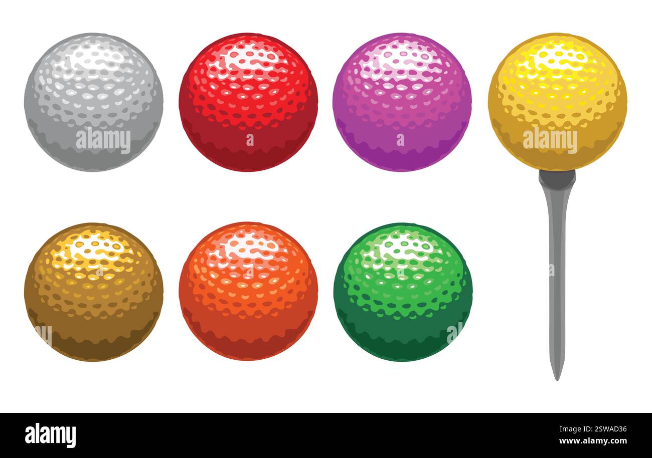 Sette eleganti palline da golf in bianco, rosso, rosa, giallo, oro, arancione e verde, ciascuno su una maglietta da golf. Moderno design vettoriale piatto per il gol di uomini e donne Illustrazione Vettoriale