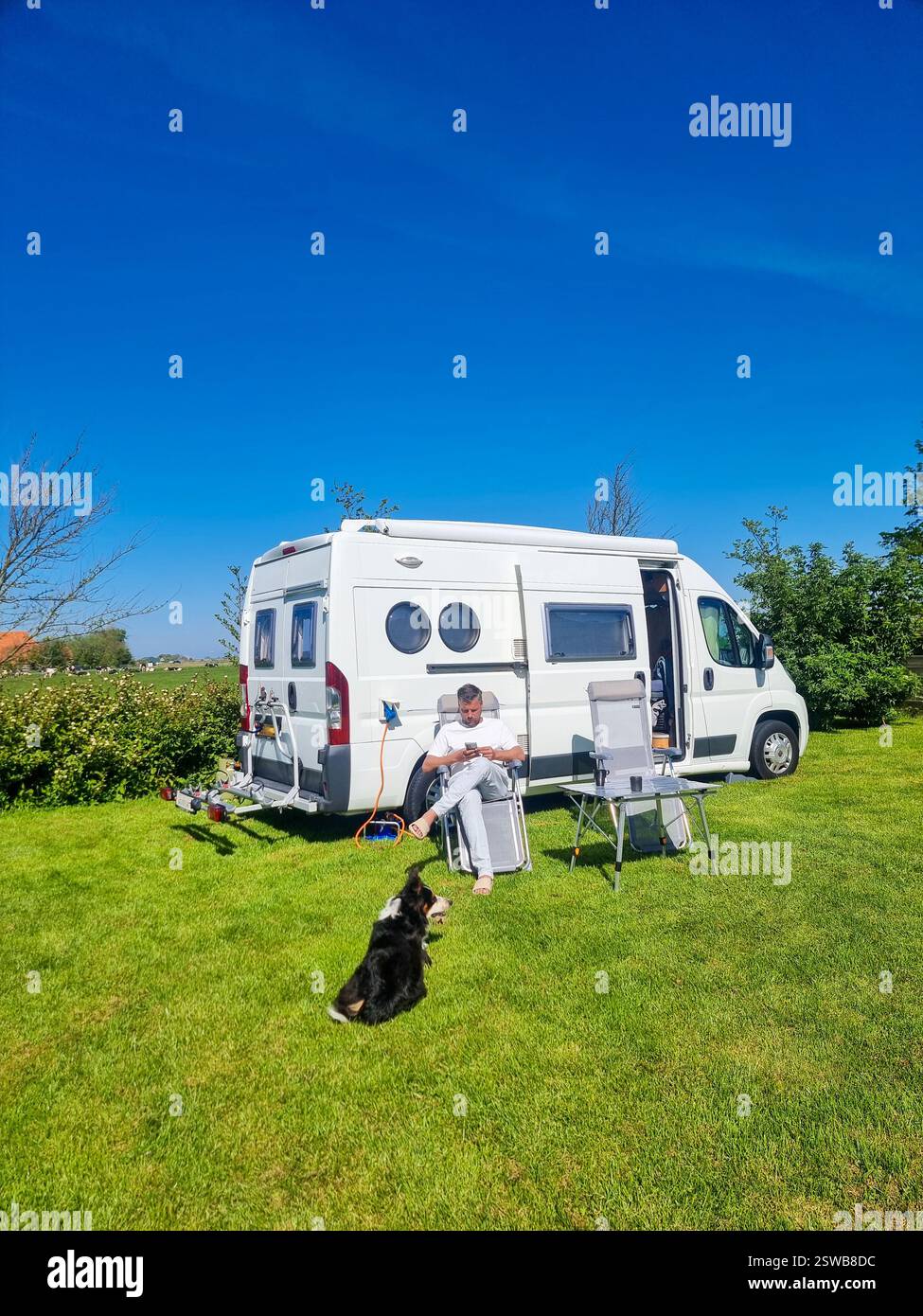 Rilassati in un prato soleggiato con un camper e un cane fedele in una brillante giornata estiva a Texel Foto Stock