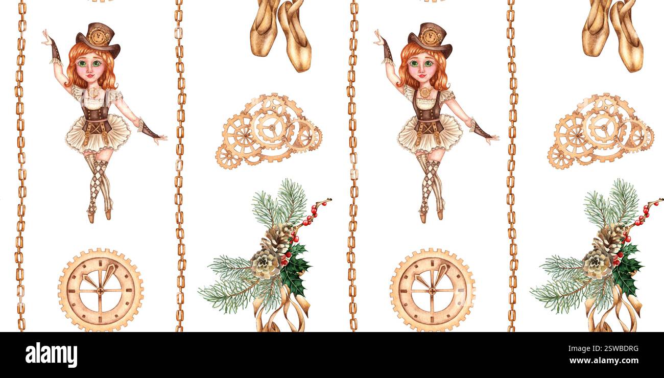 Ballerina femminile nelle fiabe Schiaccianoci e pointe, rami di abete, coni di pino, ingranaggi e catene illustrazione acquerello. Ballerina steampunk sty Foto Stock